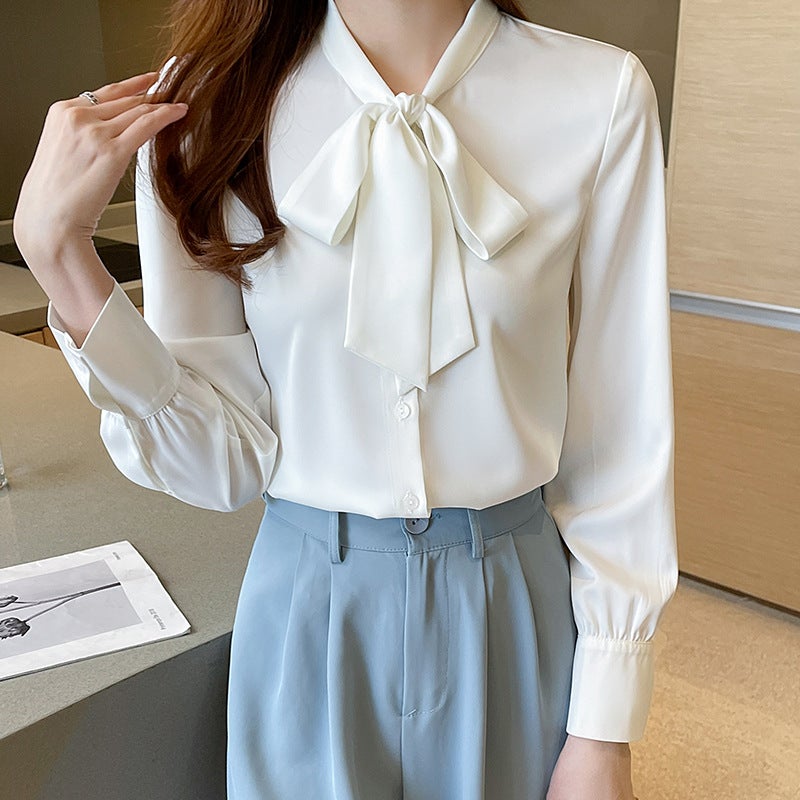 Real S Of 2025 Autum White Ribbon Shirt For Women Satin Long-Sleeved Draped Work Clothing Versatile Fashionable Foreign Style Top For Women - Image 3